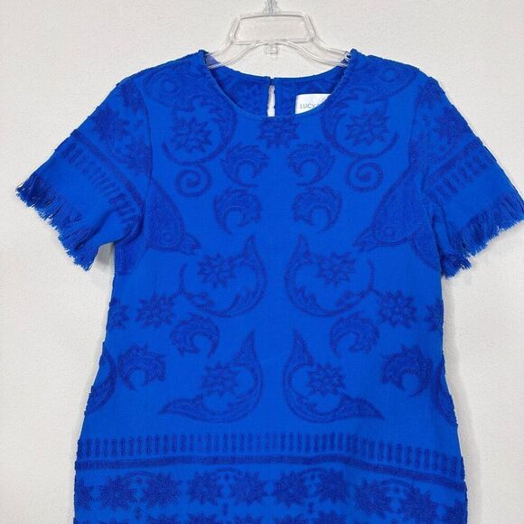 Lucy Folk Towelling Mini Dress Size S Blue Fringe Boho Preppy Vacation Resort - Picture 11 of 12